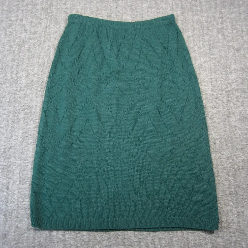 Vtg Sweater Skirt M Green Pointelle Knit Elastic Waist USA 70s Christmas Holiday